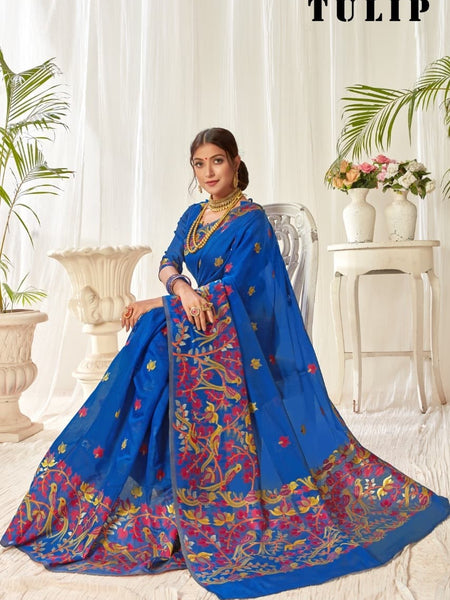 Tulip Linen Cotton Saree with Big Border Parrot & Flower Pallu