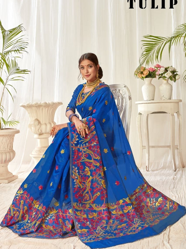 Tulip Linen Cotton Saree with Big Border Parrot & Flower Pallu