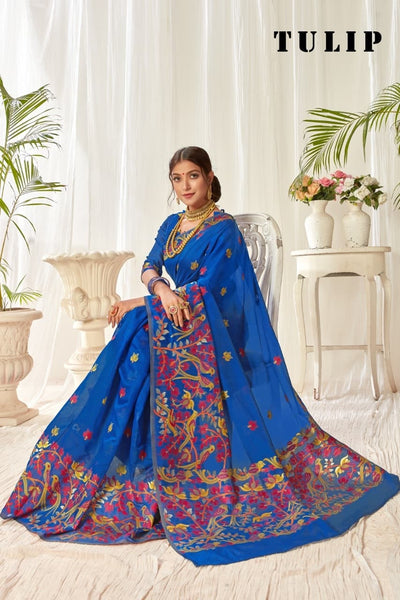 Tulip Linen Cotton Saree with Big Border Parrot & Flower Pallu
