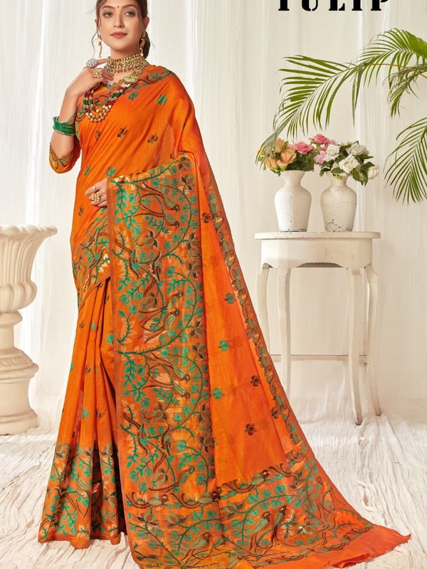 Tulip Linen Cotton Saree with Big Border Parrot & Flower Pallu