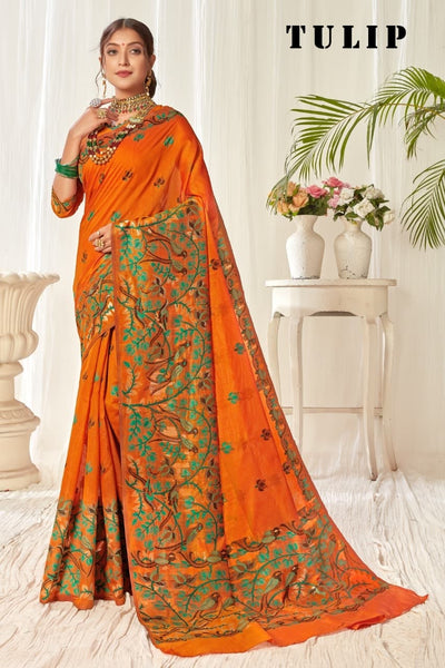 Tulip Linen Cotton Saree with Big Border Parrot & Flower Pallu