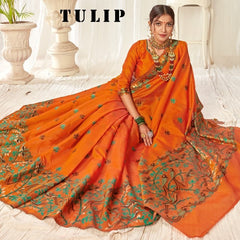 Tulip Linen Cotton Saree with Big Border Parrot & Flower Pallu