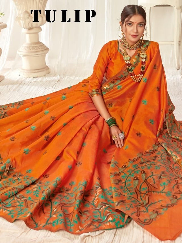 Tulip Linen Cotton Saree with Big Border Parrot & Flower Pallu
