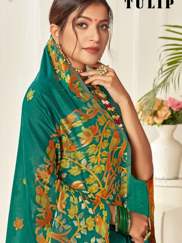 Tulip Linen Cotton Saree with Big Border Parrot & Flower Pallu