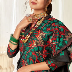 Tulip Linen Cotton Saree with Big Border Parrot & Flower Pallu