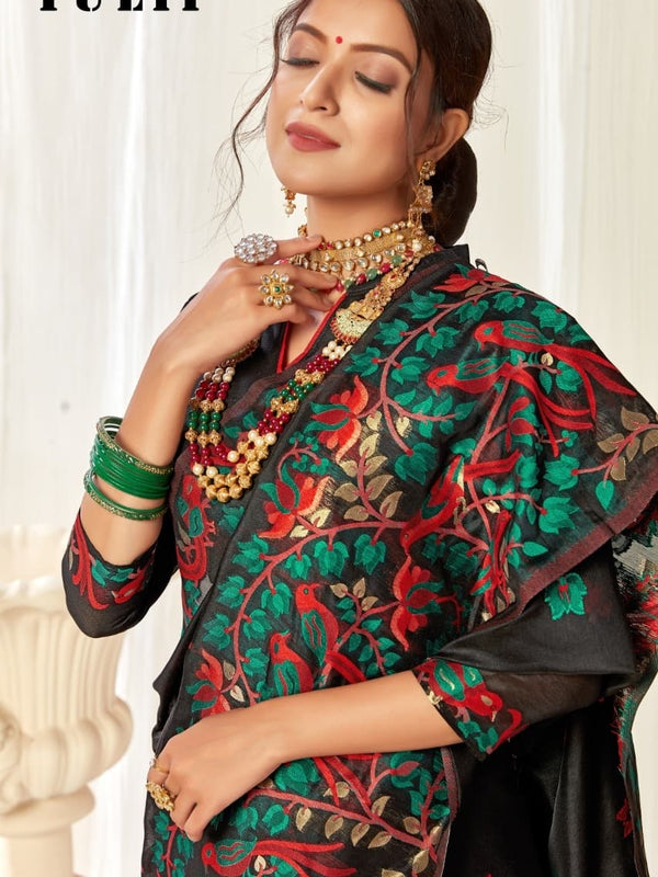 Tulip Linen Cotton Saree with Big Border Parrot & Flower Pallu