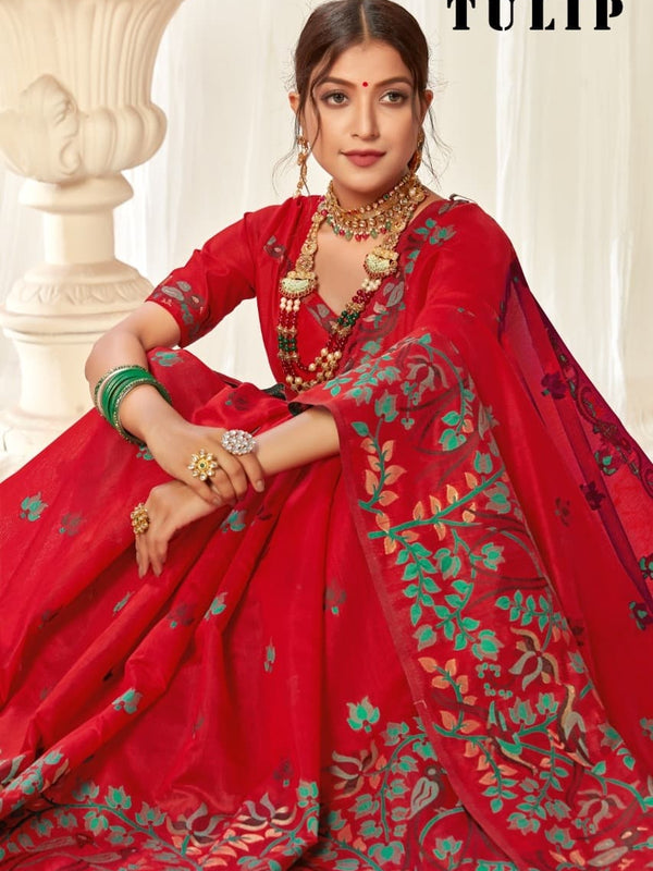 Tulip Linen Cotton Saree with Big Border Parrot & Flower Pallu