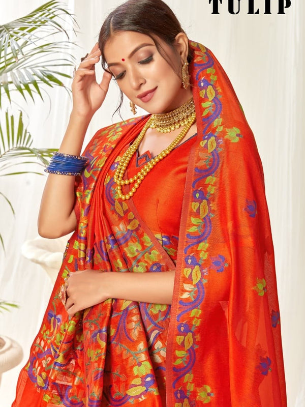 Tulip Linen Cotton Saree with Big Border Parrot & Flower Pallu