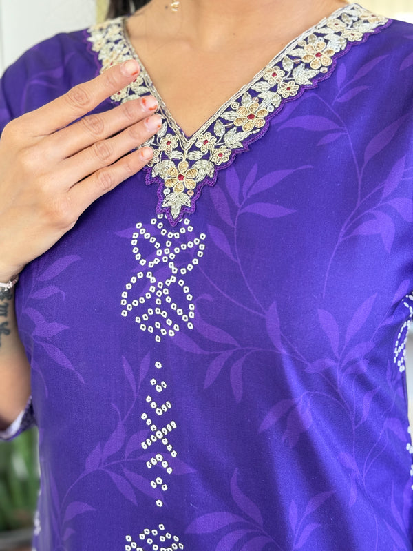 French Crepe With Print Kurti Pant Set With Dupatta (Straight Suit Set)