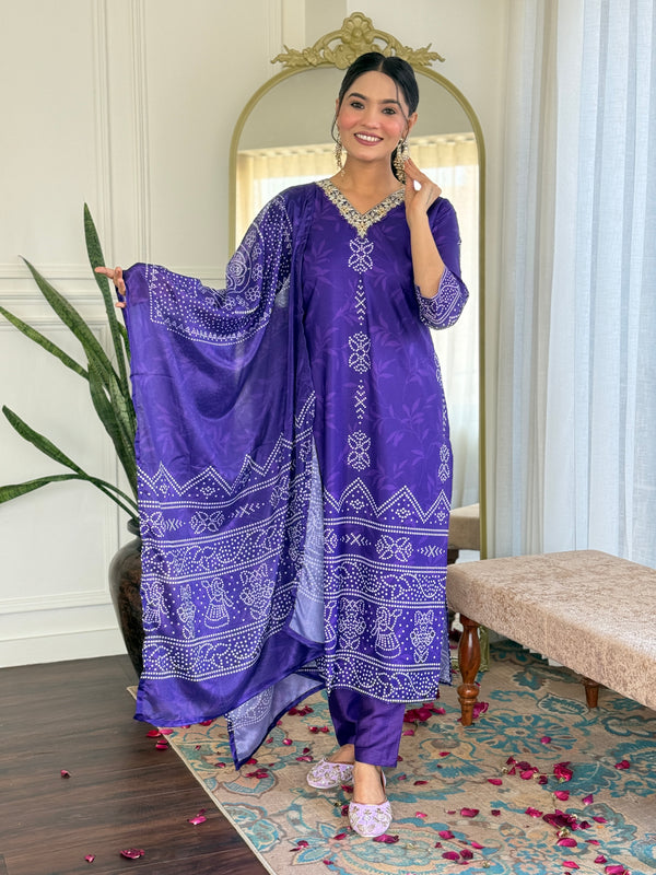 French Crepe With Print Kurti Pant Set With Dupatta (Straight Suit Set)