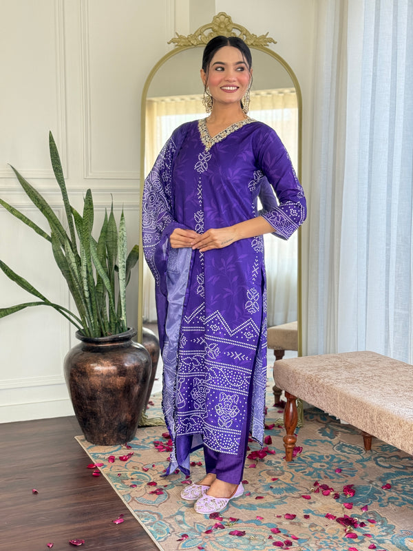French Crepe With Print Kurti Pant Set With Dupatta (Straight Suit Set)