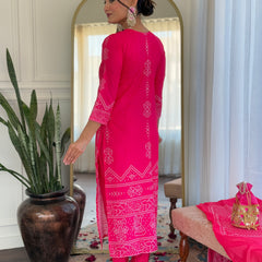 French Crepe With Print Kurti Pant Set With Dupatta (Straight Suit Set)