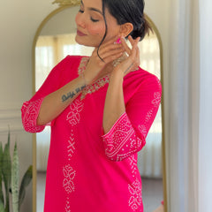 French Crepe With Print Kurti Pant Set With Dupatta (Straight Suit Set)