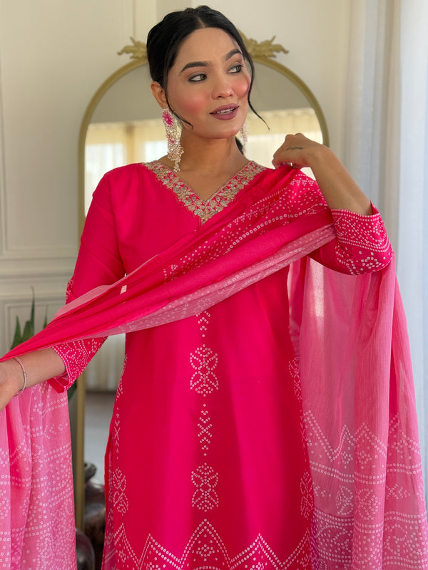 French Crepe With Print Kurti Pant Set With Dupatta (Straight Suit Set)