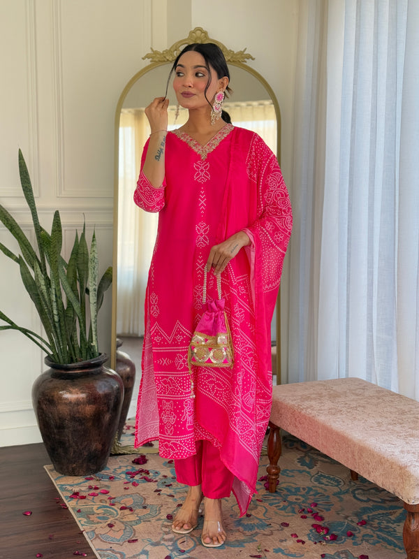 French Crepe With Print Kurti Pant Set With Dupatta (Straight Suit Set)