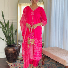 French Crepe With Print Kurti Pant Set With Dupatta (Straight Suit Set)